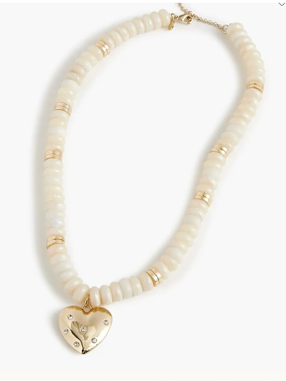 J. Crew Ivory Beaded Necklace with Gold Heart Charm
